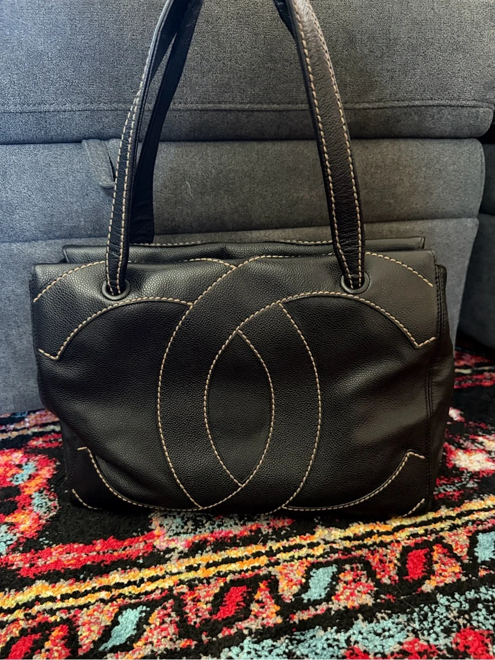 Chanel black caviar medium CC stitched tote. Bag only